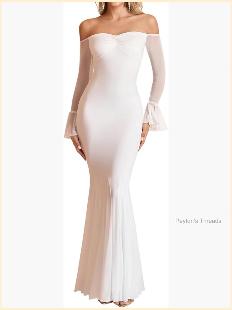 Off Shoulder Bodycon Sheer Long Sleeve Mermaid Ruffle Formal Maxi Dress